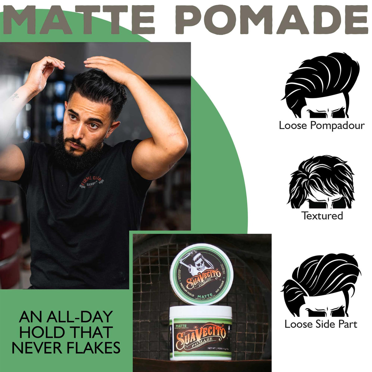 Side view of Suavecito medium hold hair pomade for men
