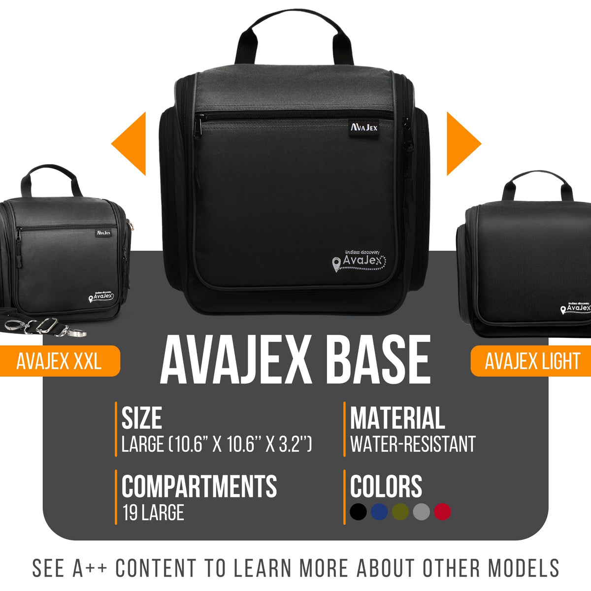 Avajex travel toiletry bag with metal swivel hook extended
