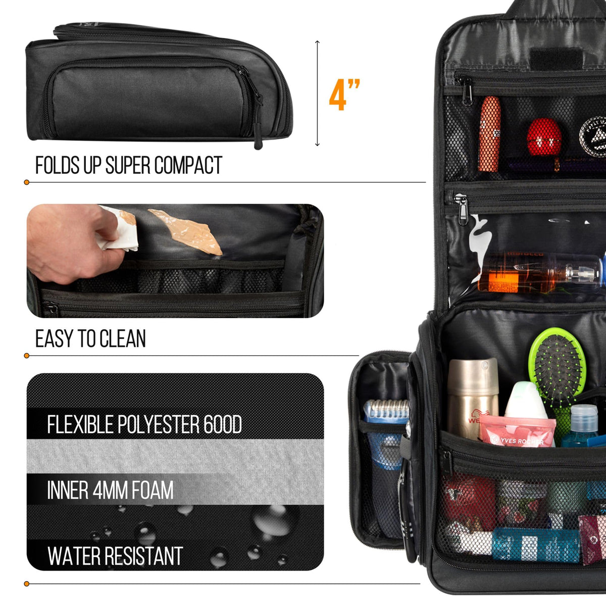 Avajex travel bag filled with skincare and cosmetic bottles