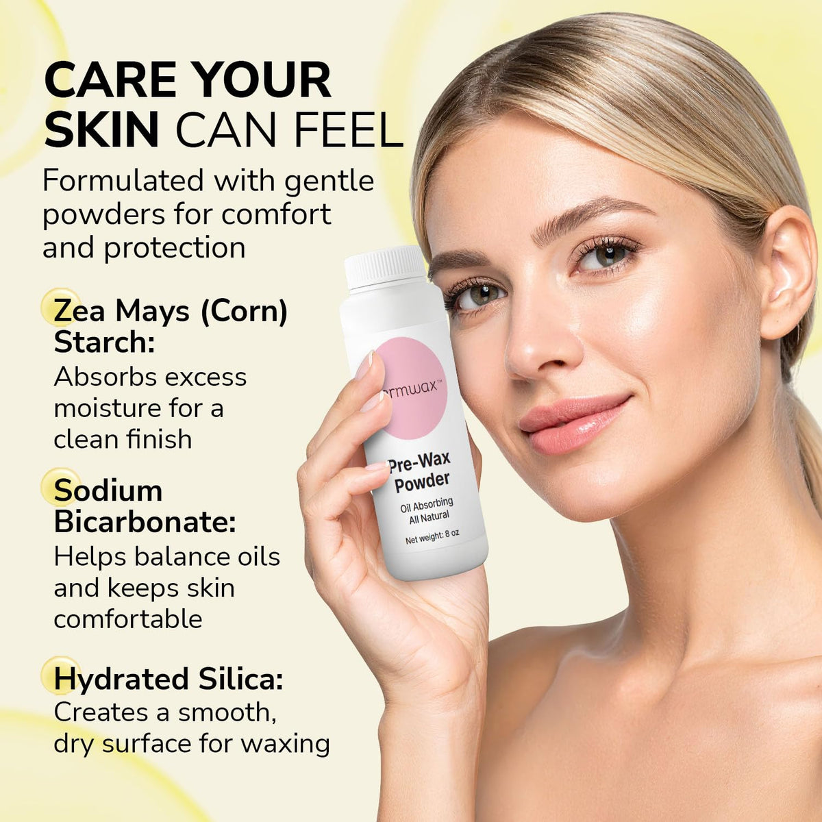 Aluminum free skincare dusting powder bottle for protective waxing base preparation.