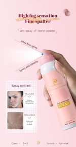 Dermaplane spray for women being applied to create a visible protective layer on the skin.