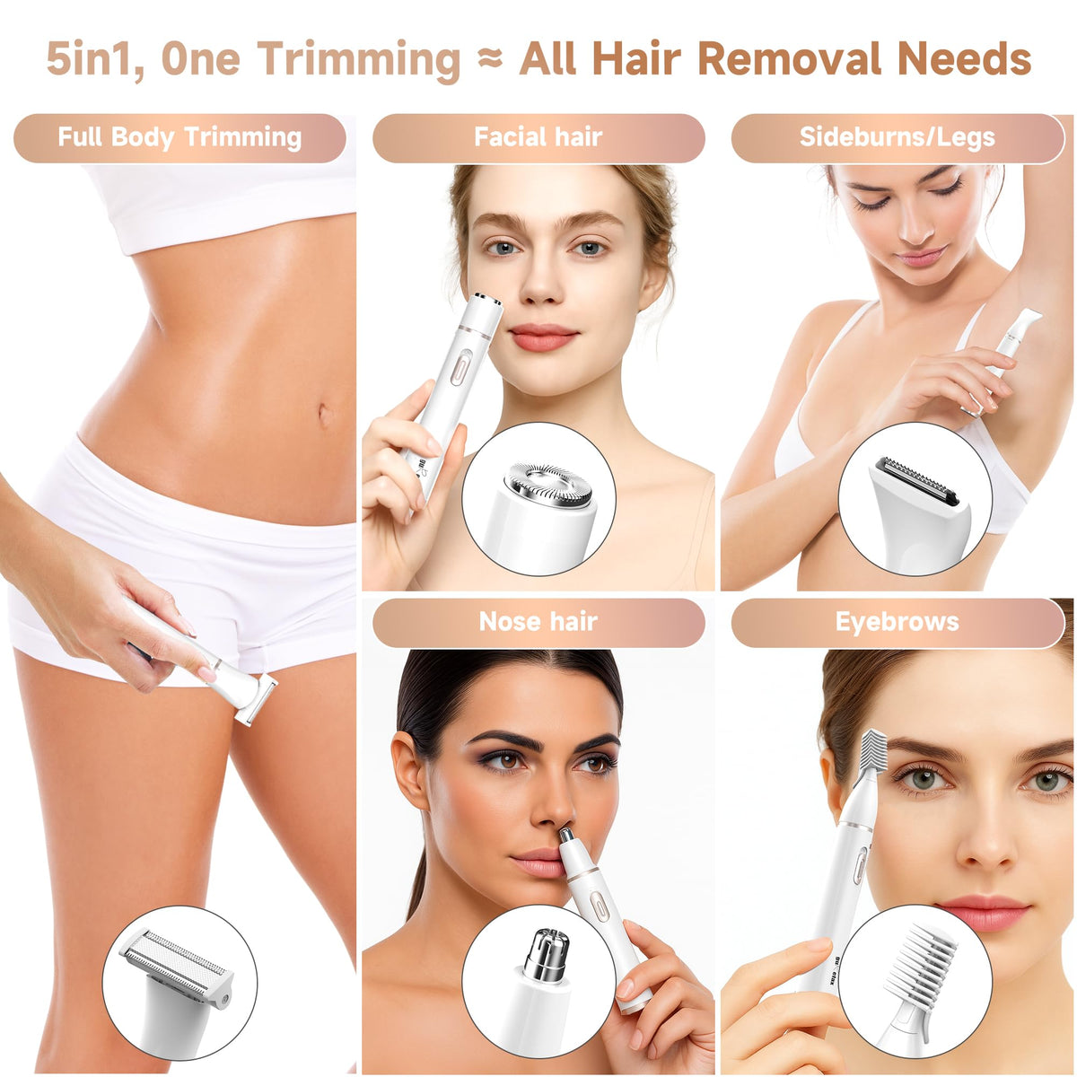 Five interchangeable attachment heads for facial, nose, eyebrow, and bikini grooming.