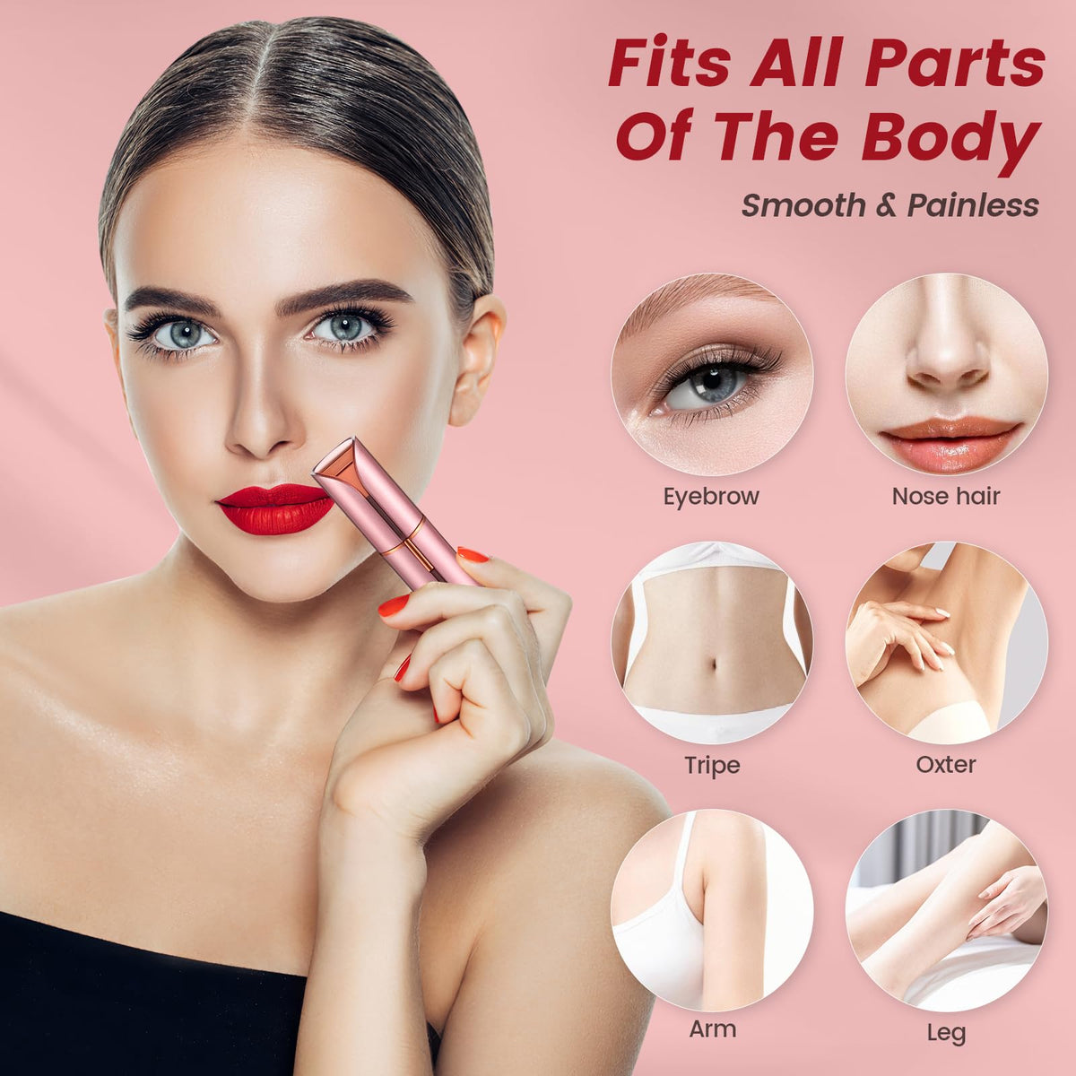 Rechargeable women's face trimmer showing the integrated LED light for upper lip precision.