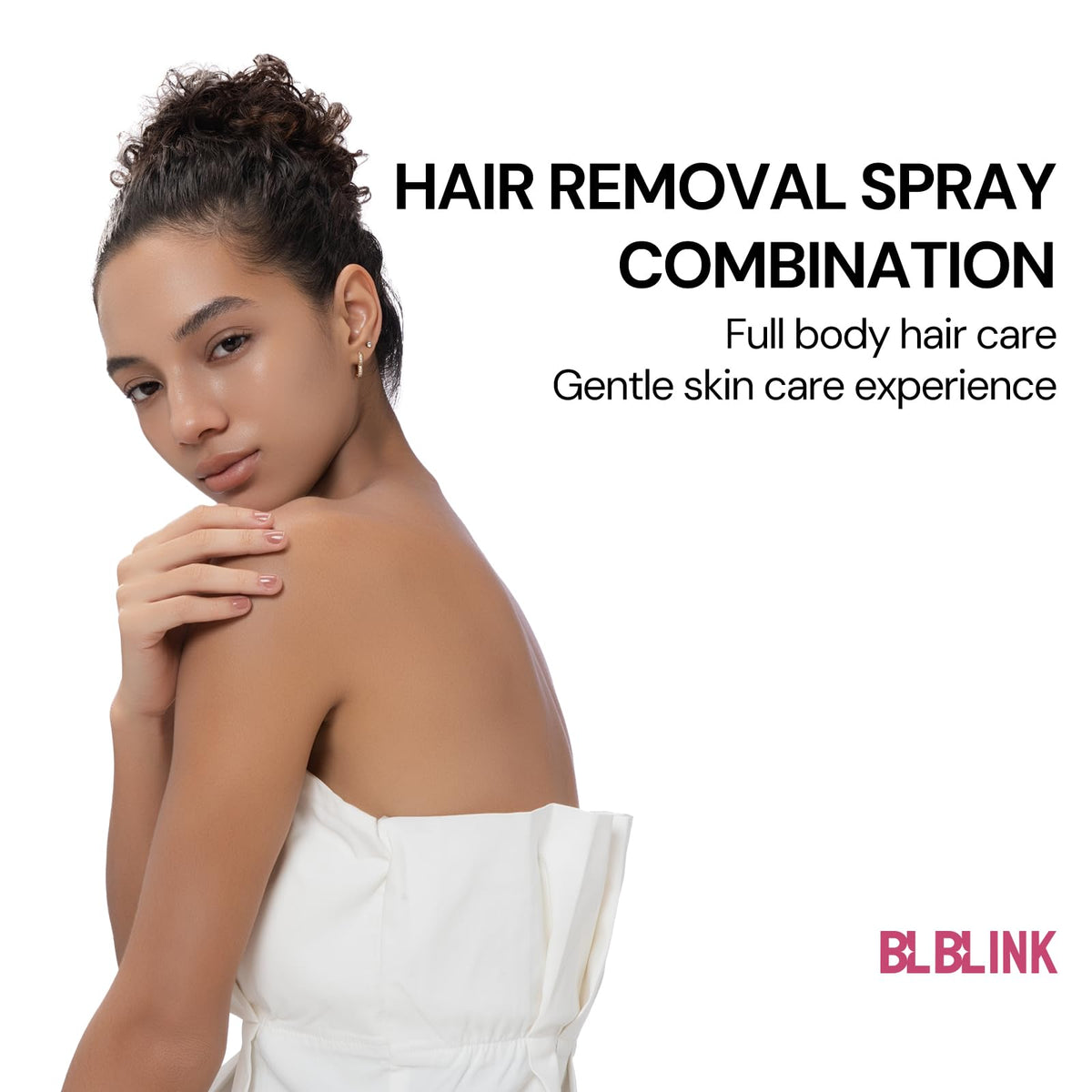 BLBLINK facial shaving mist highlighting peach fuzz on a woman's cheek during dermaplaning