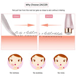 Zaccer rose gold facial hair remover placed next to a compact makeup bag showcasing its portable size.