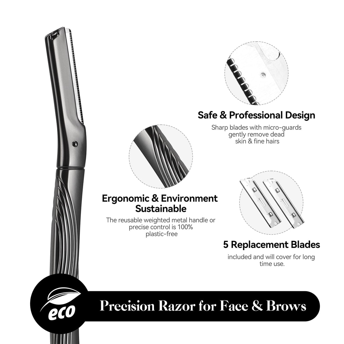 FlyTouch face razor for women and men displayed with six stainless steel replacement blades.