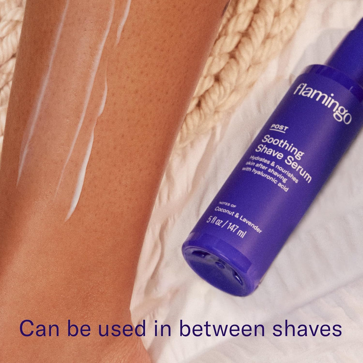 Back label view of the Flamingo Glow Shave Collection showing full directions and ingredient transparency.
