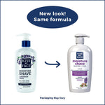 Back label of Kiss My Face Lavender and Shea shaving cream showing ingredients and directions