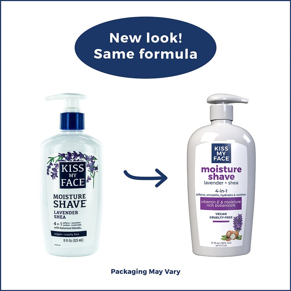 Back label of Kiss My Face Lavender and Shea shaving cream showing ingredients and directions
