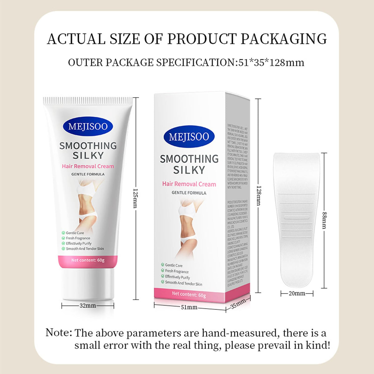 Mejisoo intimate depilatory cream tube showing aloe vera and vitamin e callouts