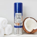 Pure Silk Coconut and Oat Flour can standing on a clean bathroom counter showcasing its protective packaging