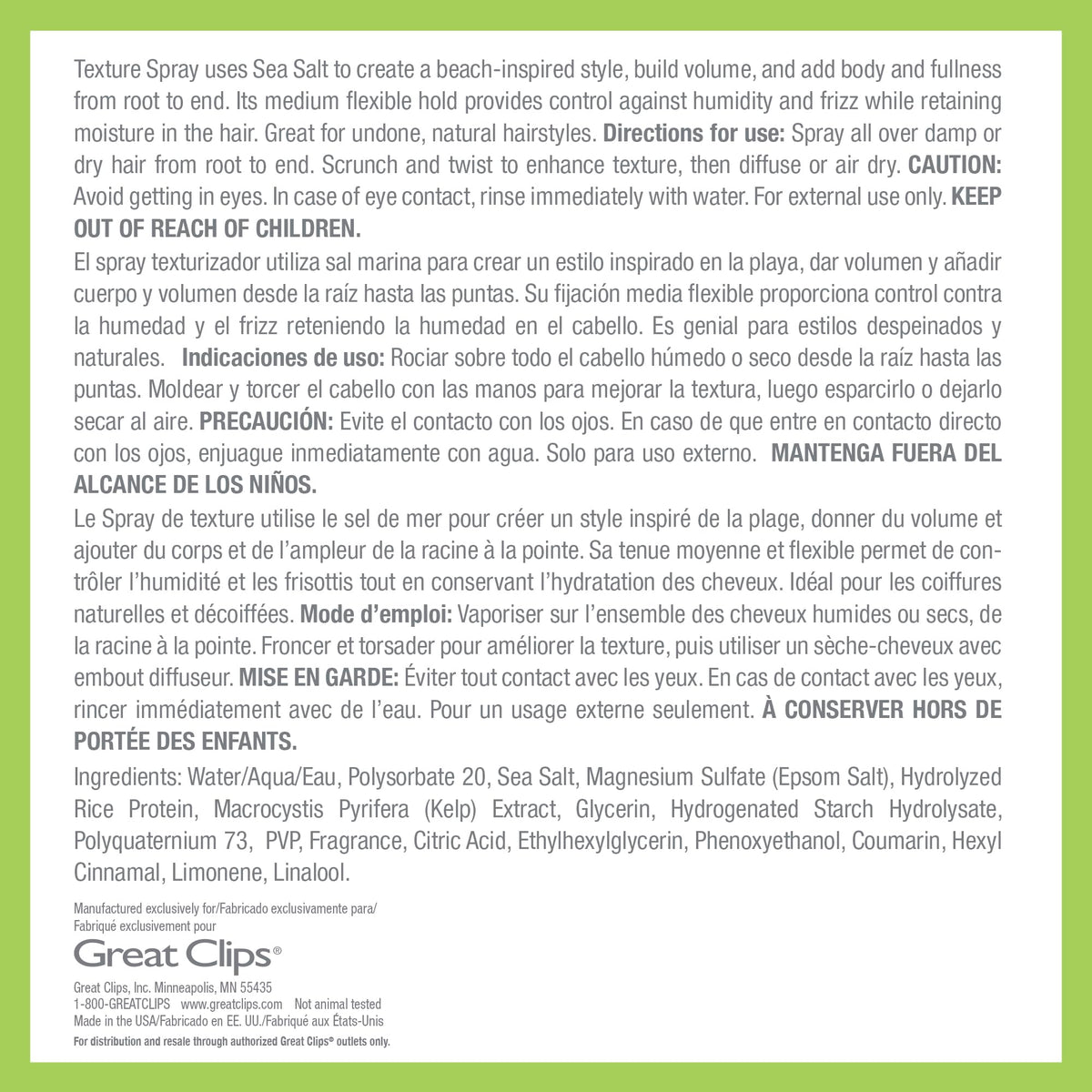 Great Clips Solutions sea salt spray ingredients and benefits
