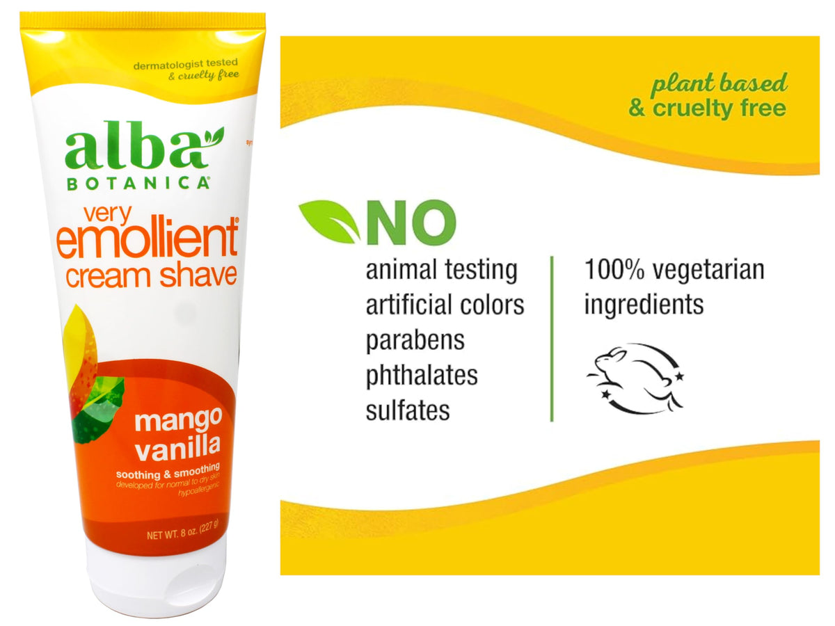 Alba Botanica moisturizing soap free shaving cream text on white background label detail