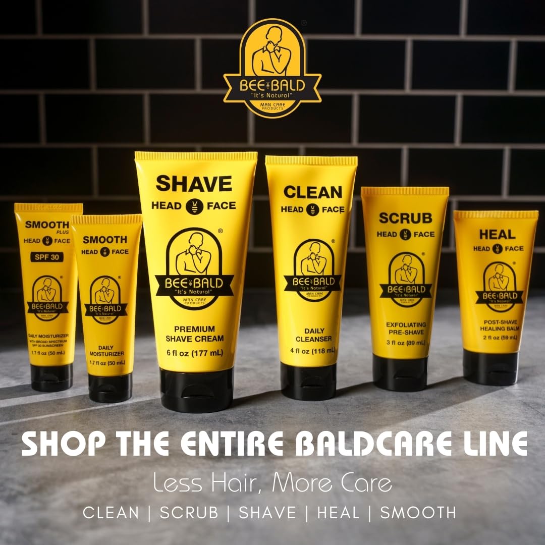 Bee Bald soothing aftershave lotion tube highlighting the natural botanicals and bee pollen ingredients.