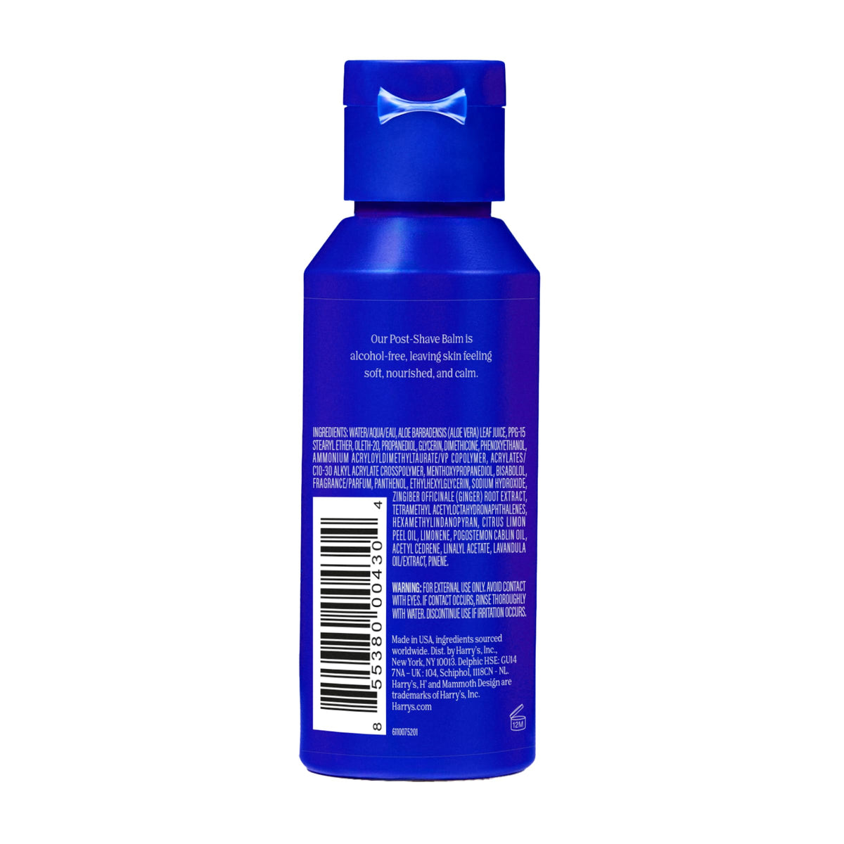 Close up of Harry's blue bottle cap and travel size skincare bottle.