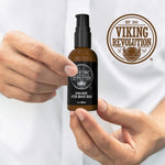 Viking Revolution luxury sandalwood after shave balm texture and bottle display