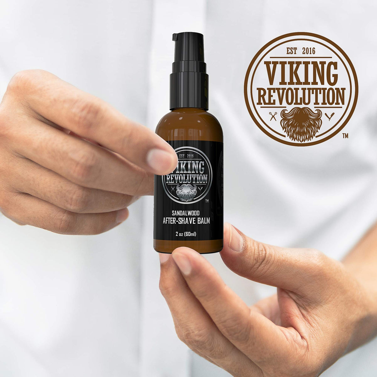Viking Revolution luxury sandalwood after shave balm texture and bottle display