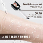 Water-based Noerrors white makeup pen being wiped clean with a damp cloth for post-shaping correction