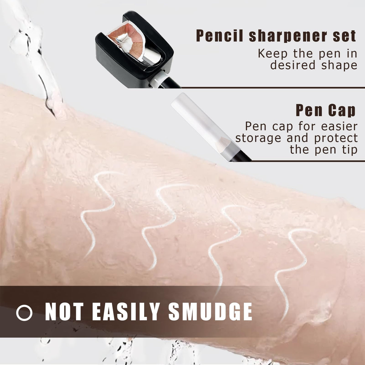 Water-based Noerrors white makeup pen being wiped clean with a damp cloth for post-shaping correction