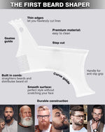 Clear beard styling template being held against a man cheek line for trimming alignment