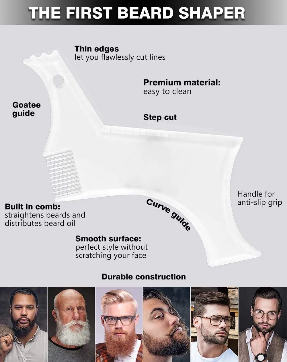 Clear beard styling template being held against a man cheek line for trimming alignment