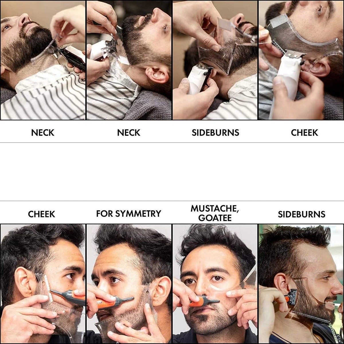Transparent beard liner tool positioned along the neck line for precision shaving guide