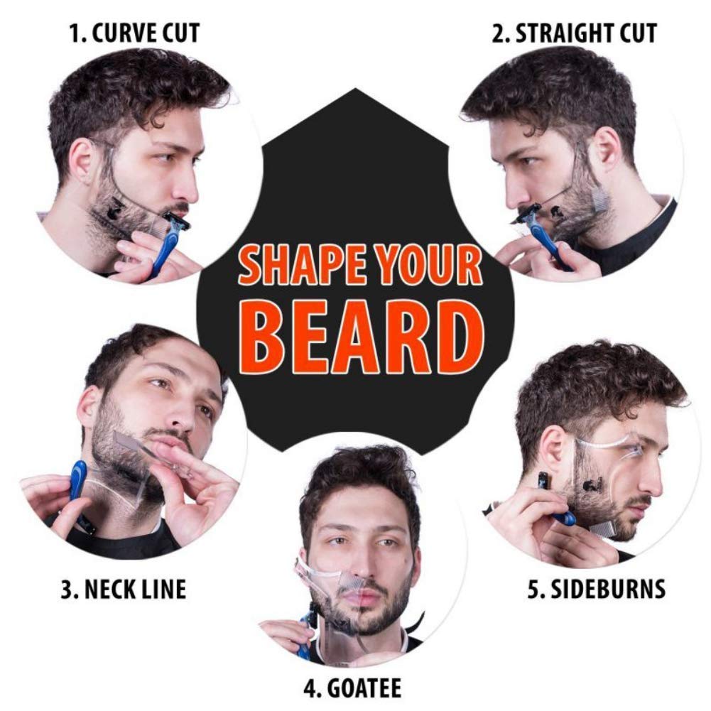 MIKEBE clear plastic beard shaper showing step cut edge options for grooming variety