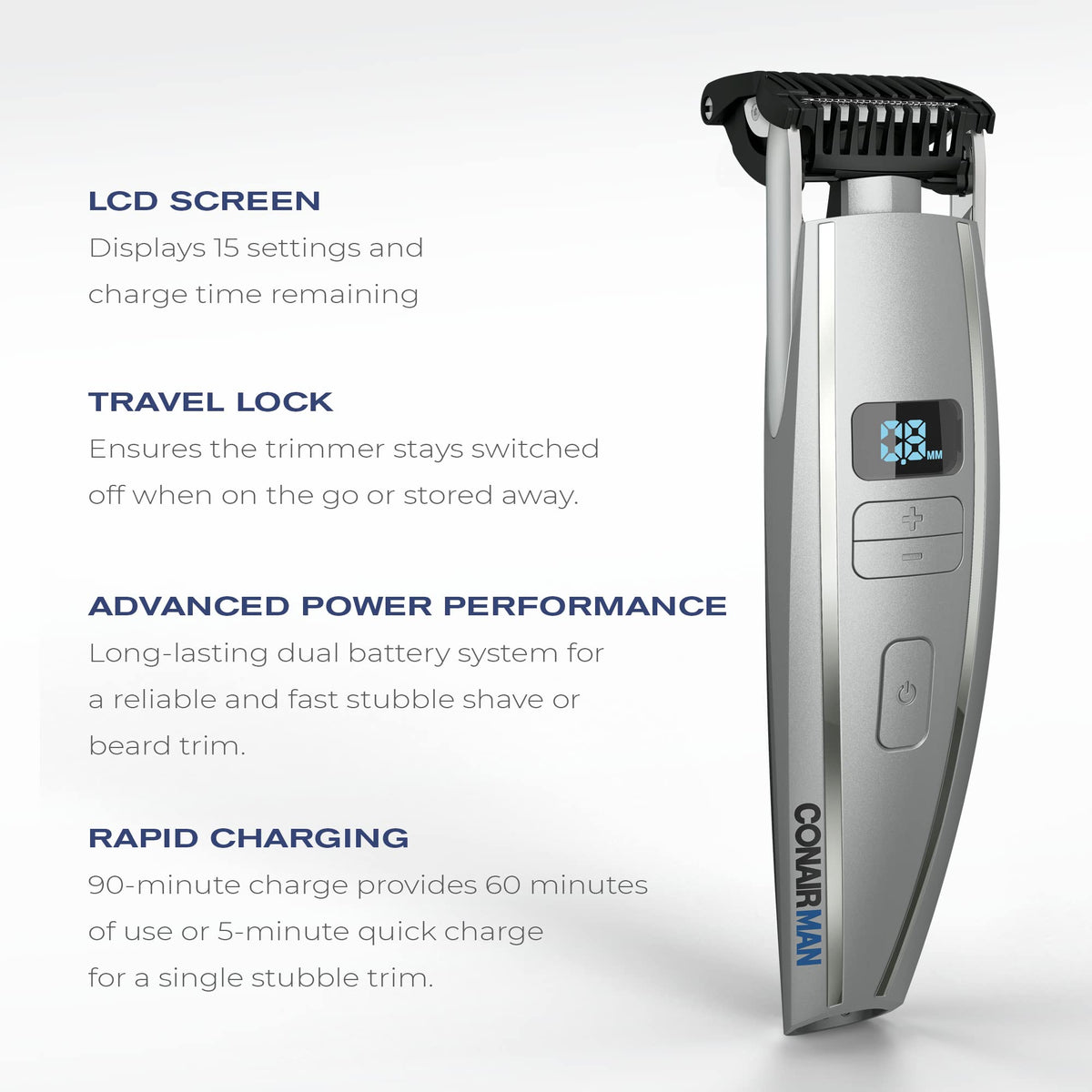 Side profile of Conairman cordless beard trimmer