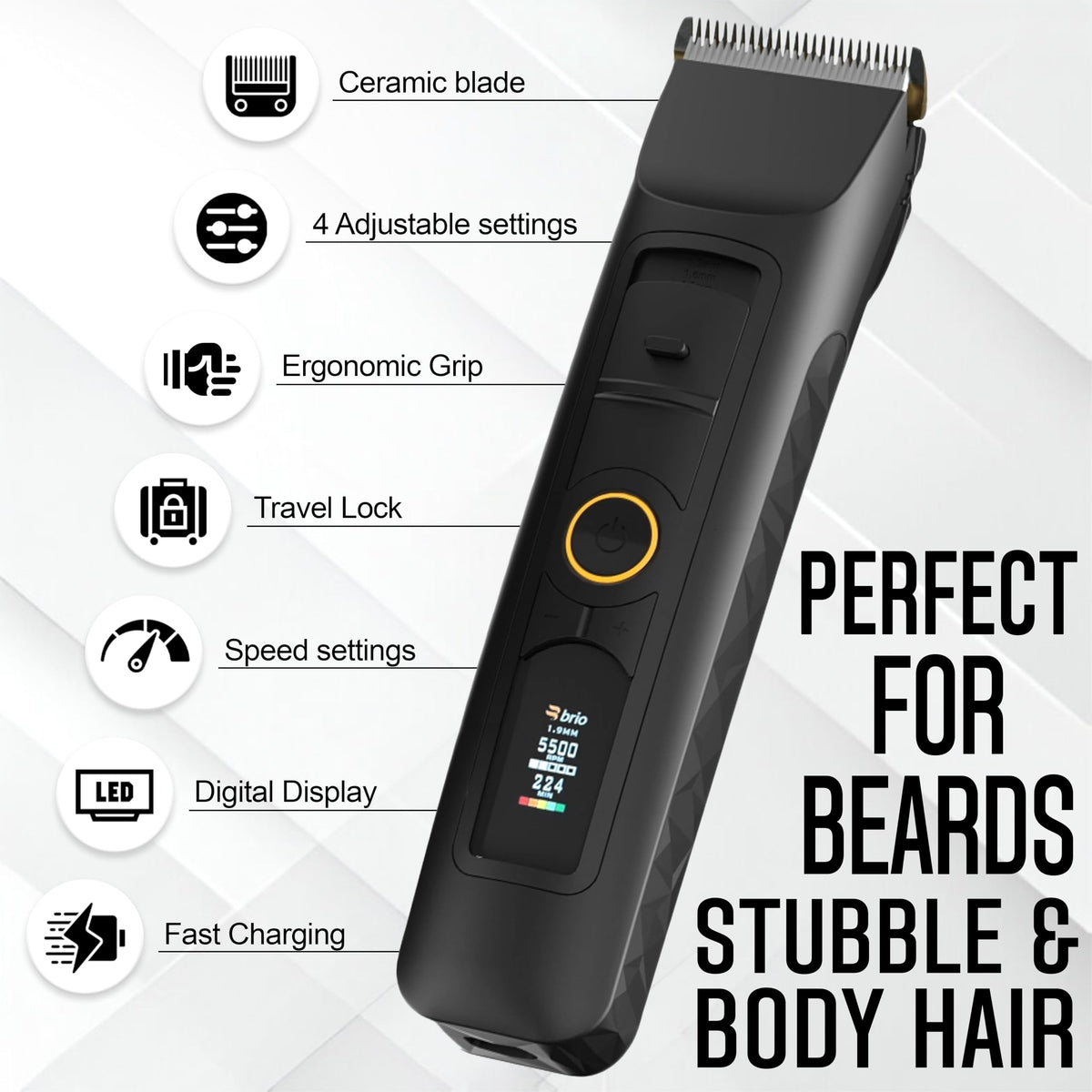 Brio Beardscape V2 black cordless trimmer with charging dock