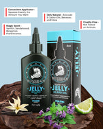 Thick texture of world first jelly beard oil on palm for moisturizing
