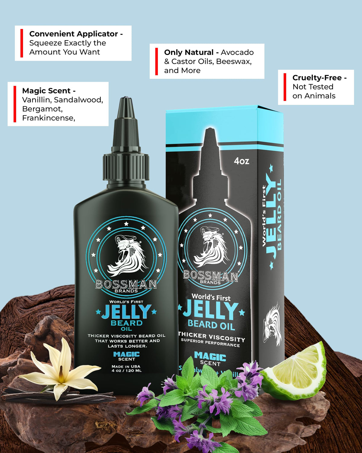 Thick texture of world first jelly beard oil on palm for moisturizing