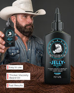 Bossman four ounce beard jelly packaging highlighting natural ingredients like beeswax