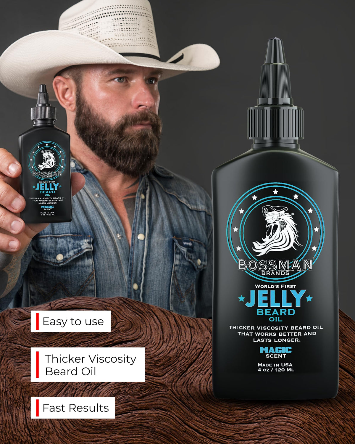 Bossman four ounce beard jelly packaging highlighting natural ingredients like beeswax