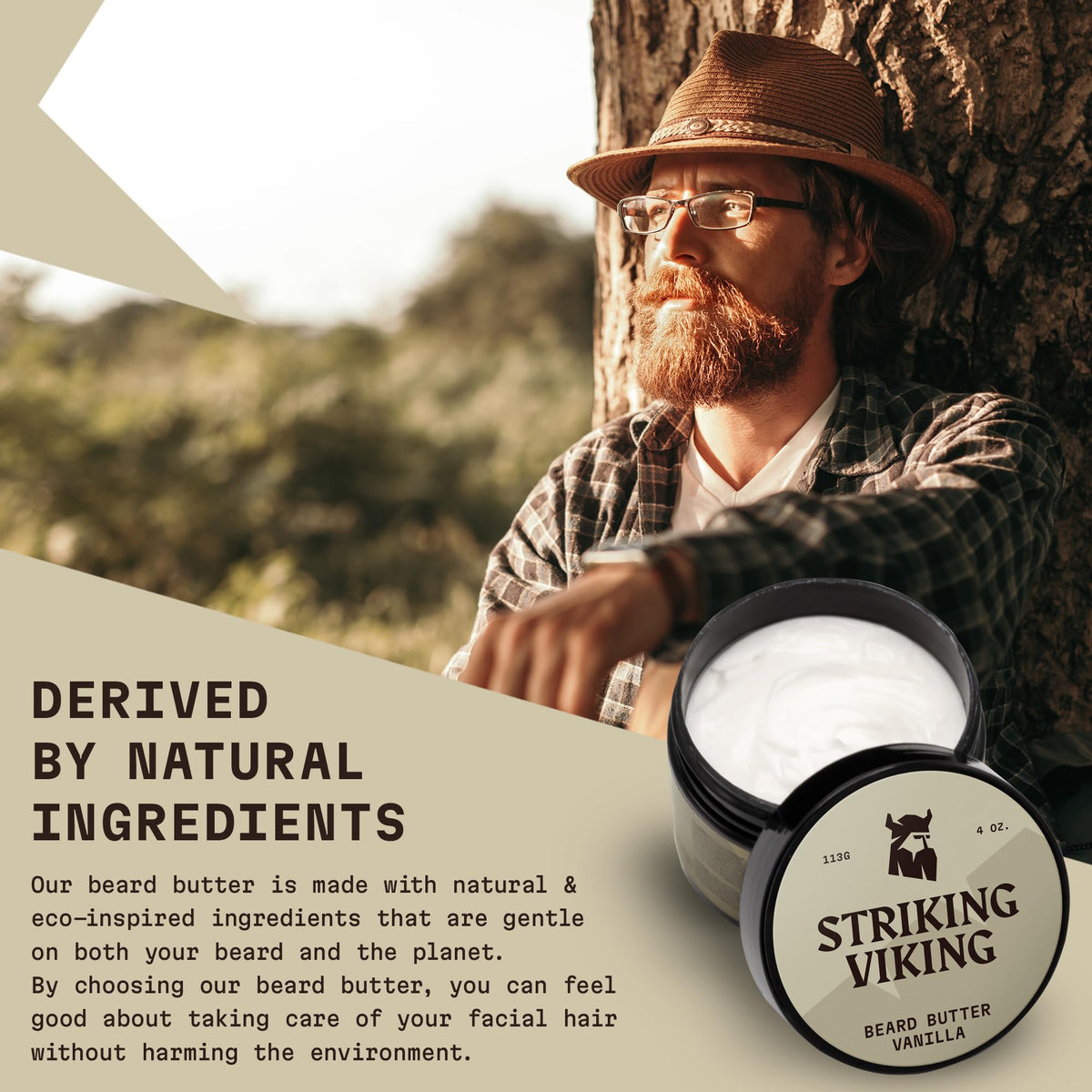 Striking Viking beard butter jar with natural ingredients label
