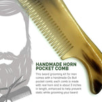 Two piece facial hair care set featuring imported grooming shears and horn comb.
