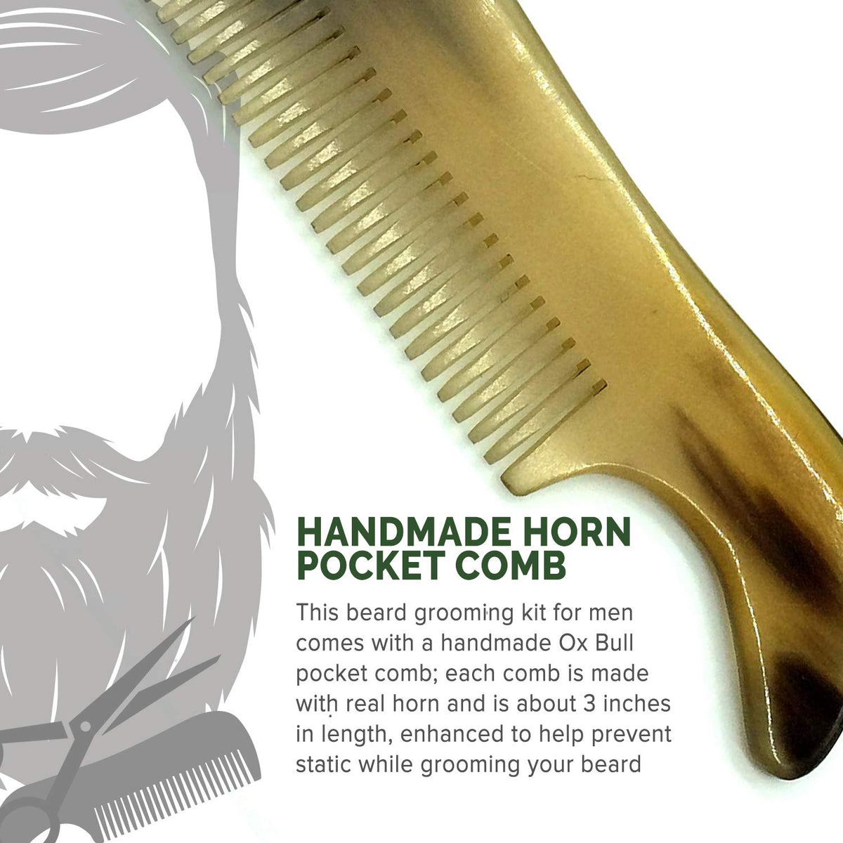 Two piece facial hair care set featuring imported grooming shears and horn comb.