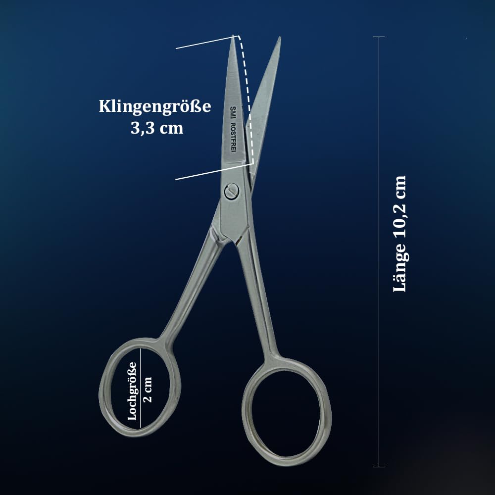 SMI four inch mustache grooming shears displayed out of the protective pouch