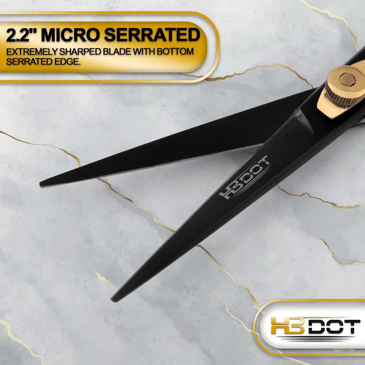 HB DOT matte black facial hair scissors showing the sharp straight cutting blades