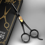 Close up view of the hammer forged high carbon stainless steel blades on the BRV MEN facial hair scissors.