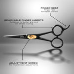 BRV MEN five inch mustache scissors displaying the removable silicone finger ring inserts for customized grip.
