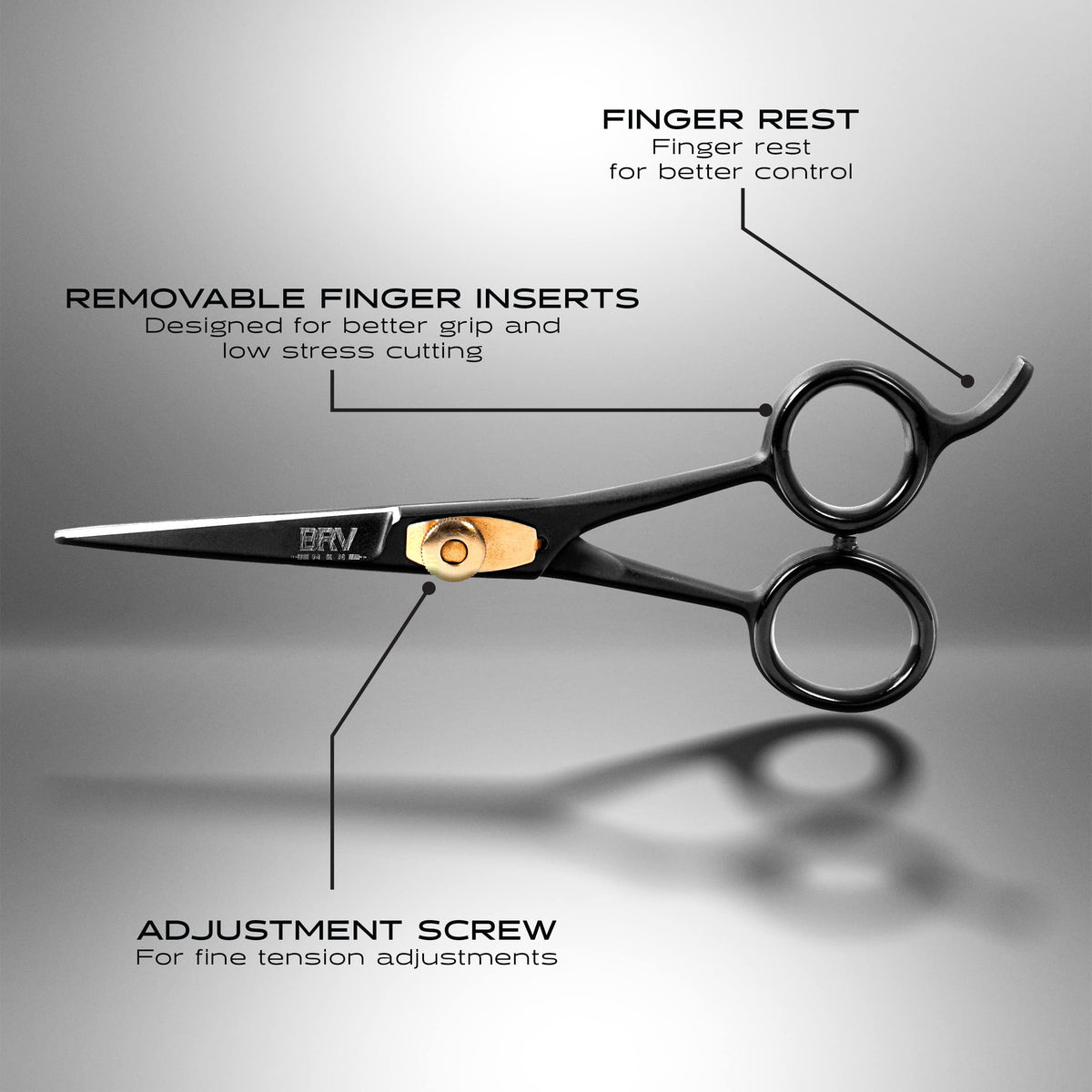 BRV MEN five inch mustache scissors displaying the removable silicone finger ring inserts for customized grip.