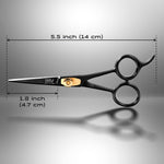 Side profile view of the ergonomic handle design on the BRV MEN right handed mustache scissors.