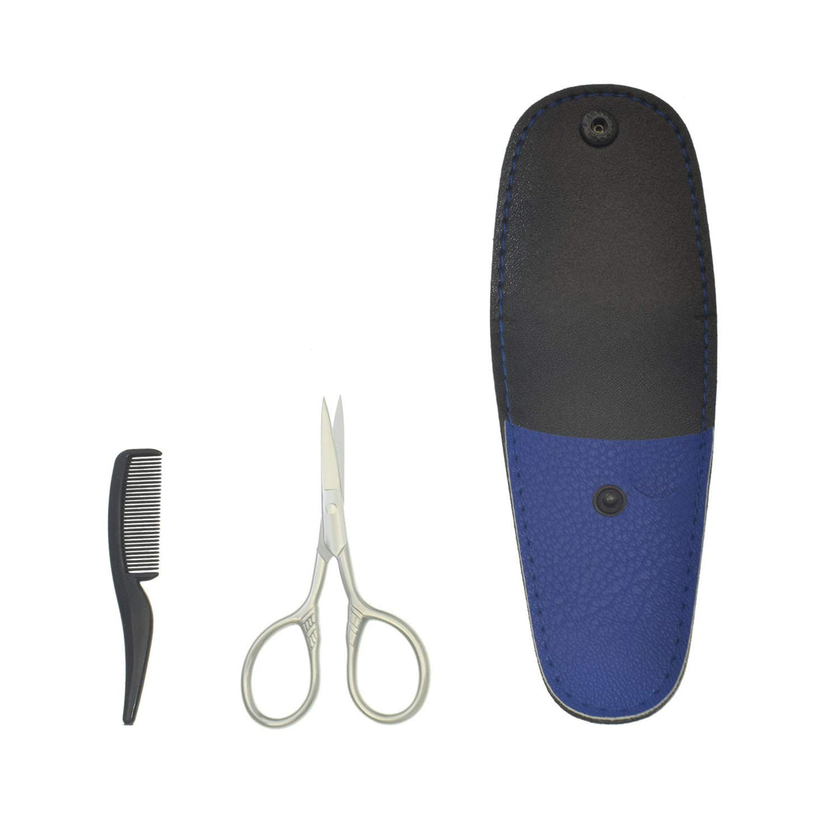 Yutoner mustache trimming scissors stored inside the textured blue travel carry case