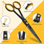 ACTIVEINN barber shears displaying the sharp 5.5 inch razor edge high carbon stainless steel blades.