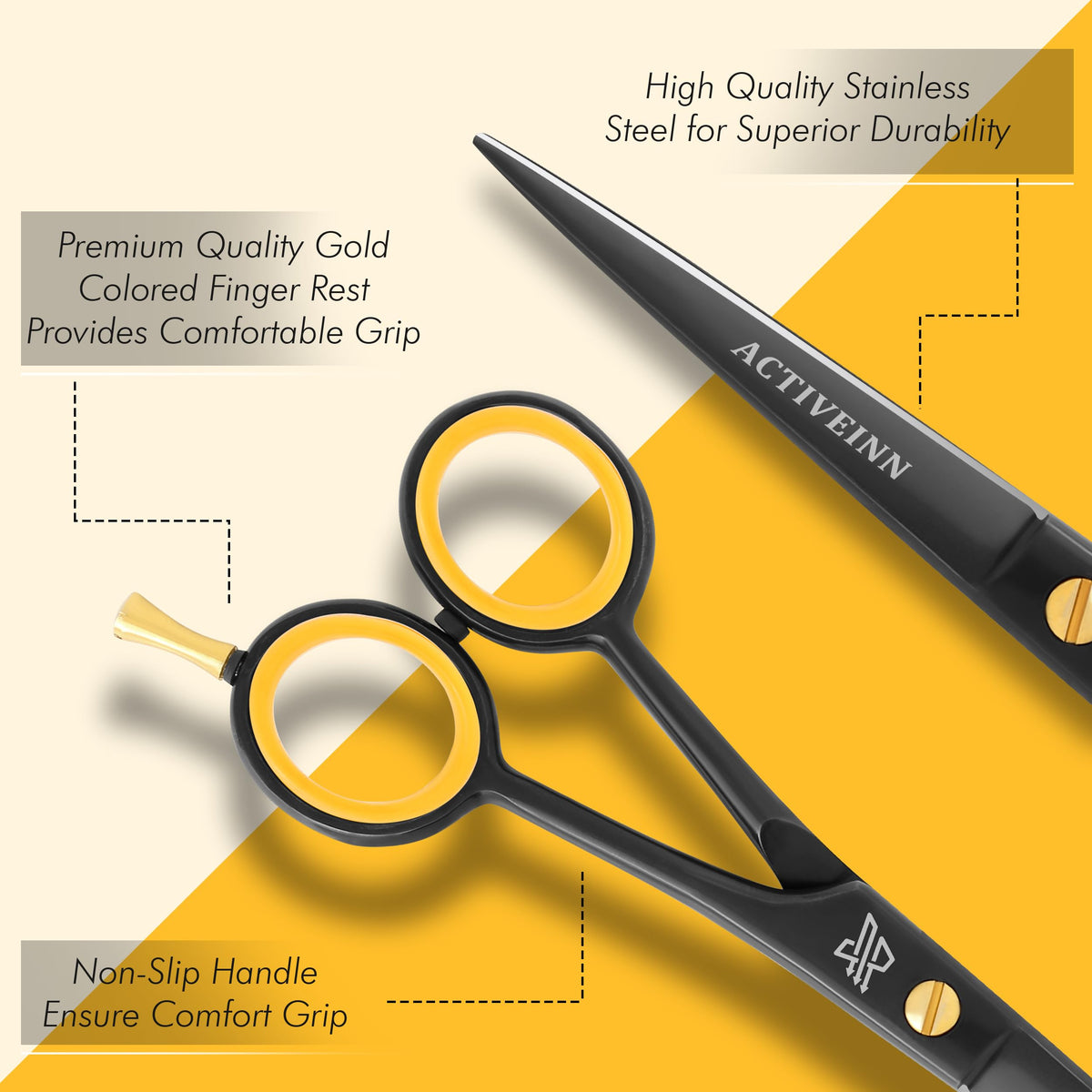 Close up view of ACTIVEINN hair scissors showing the ergonomic finger rest and removable orange non slip rings.