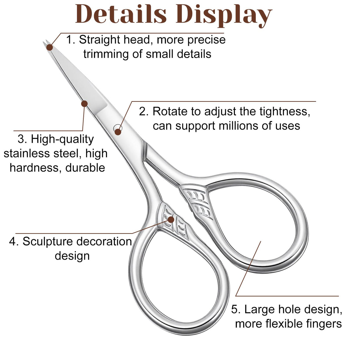 Stainless steel facial hair trimming shears showcasing the ornate handles