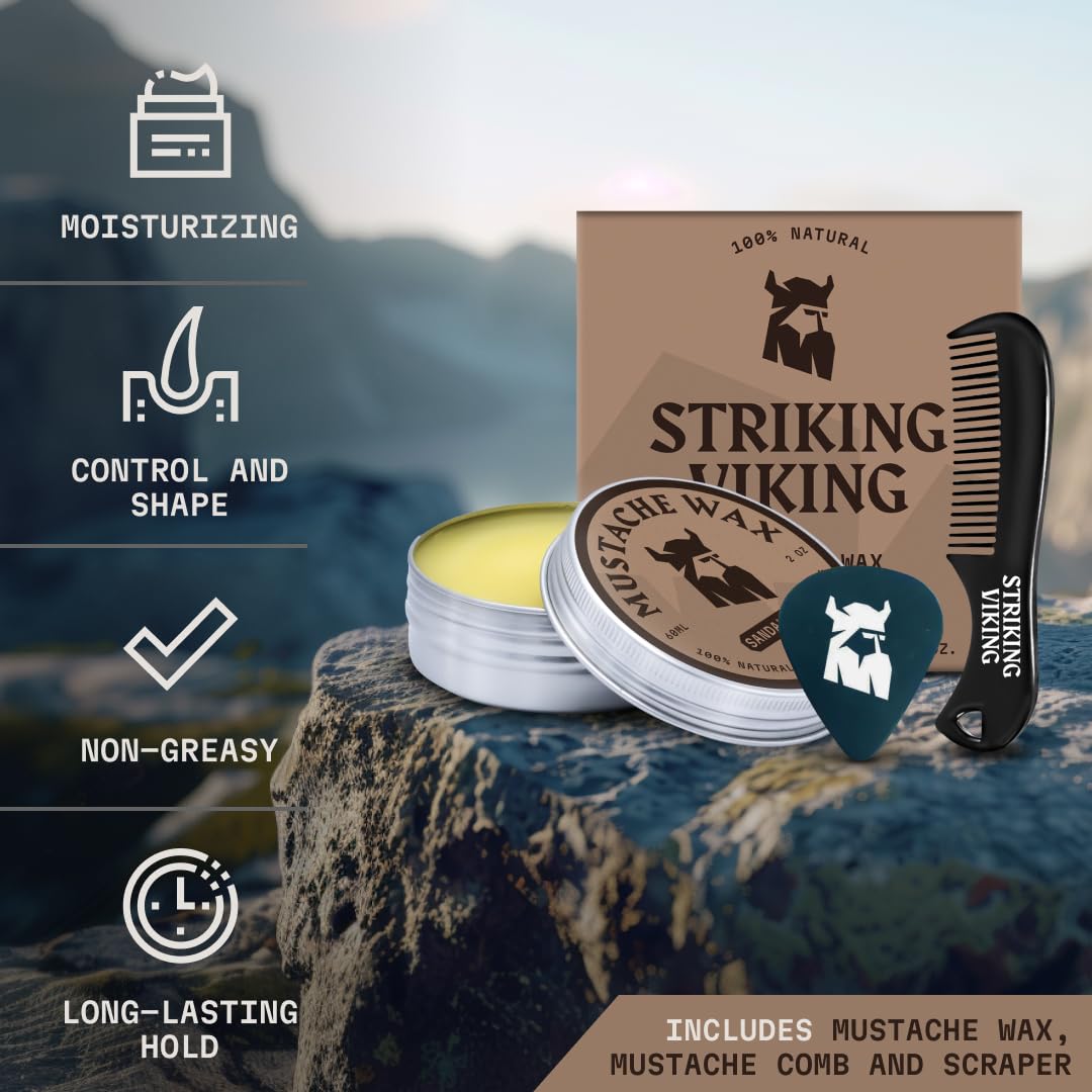 Open tin of Striking Viking sandalwood strong hold mustache wax