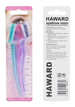Blue eyebrow shaper tool with protective safety guard cover attached