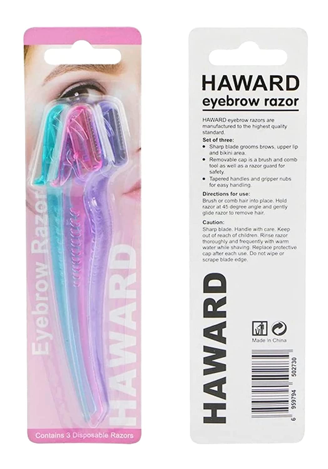 Blue eyebrow shaper tool with protective safety guard cover attached