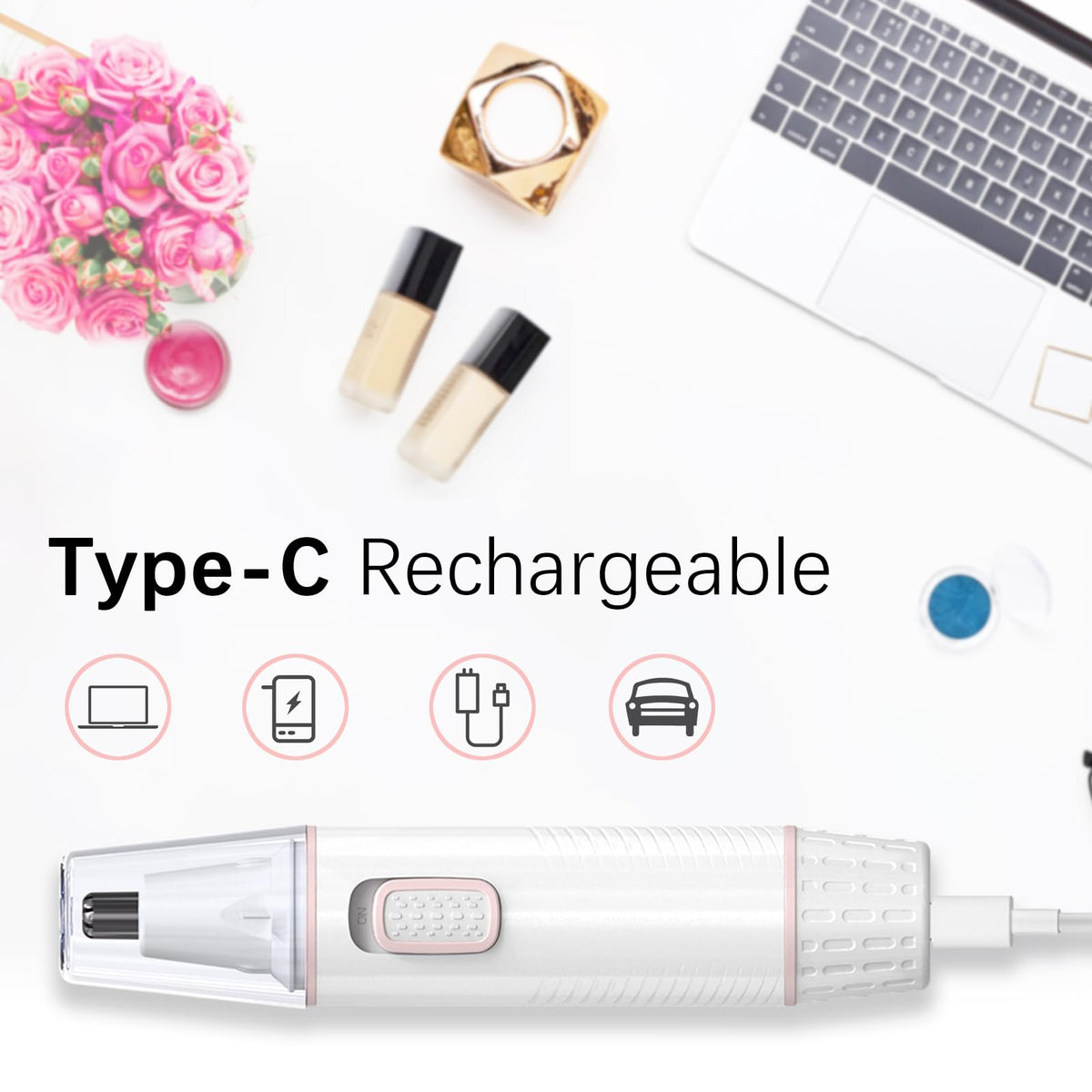 Automoness cordless trimmer for women showing the integrated LED light feature.